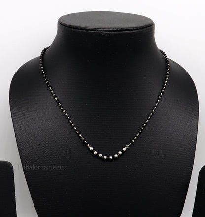 925 sterling silver black beads chain necklace, gorgeous small jingling bells design pendant, traditional style chain beaded necklace set228 - TRIBAL ORNAMENTS
