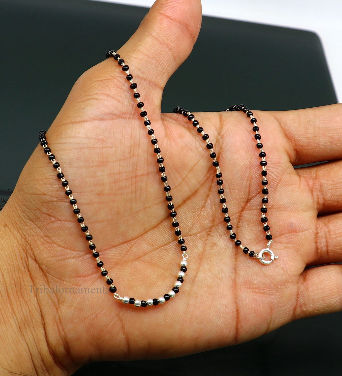 925 sterling silver black beads chain necklace, gorgeous small jingling bells design pendant, traditional style chain beaded necklace set228 - TRIBAL ORNAMENTS