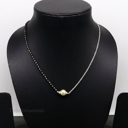 925 sterling silver black beads chain necklace, gorgeous small pearl pendant, traditional style chain beaded mangalsutra necklace set229 - TRIBAL ORNAMENTS