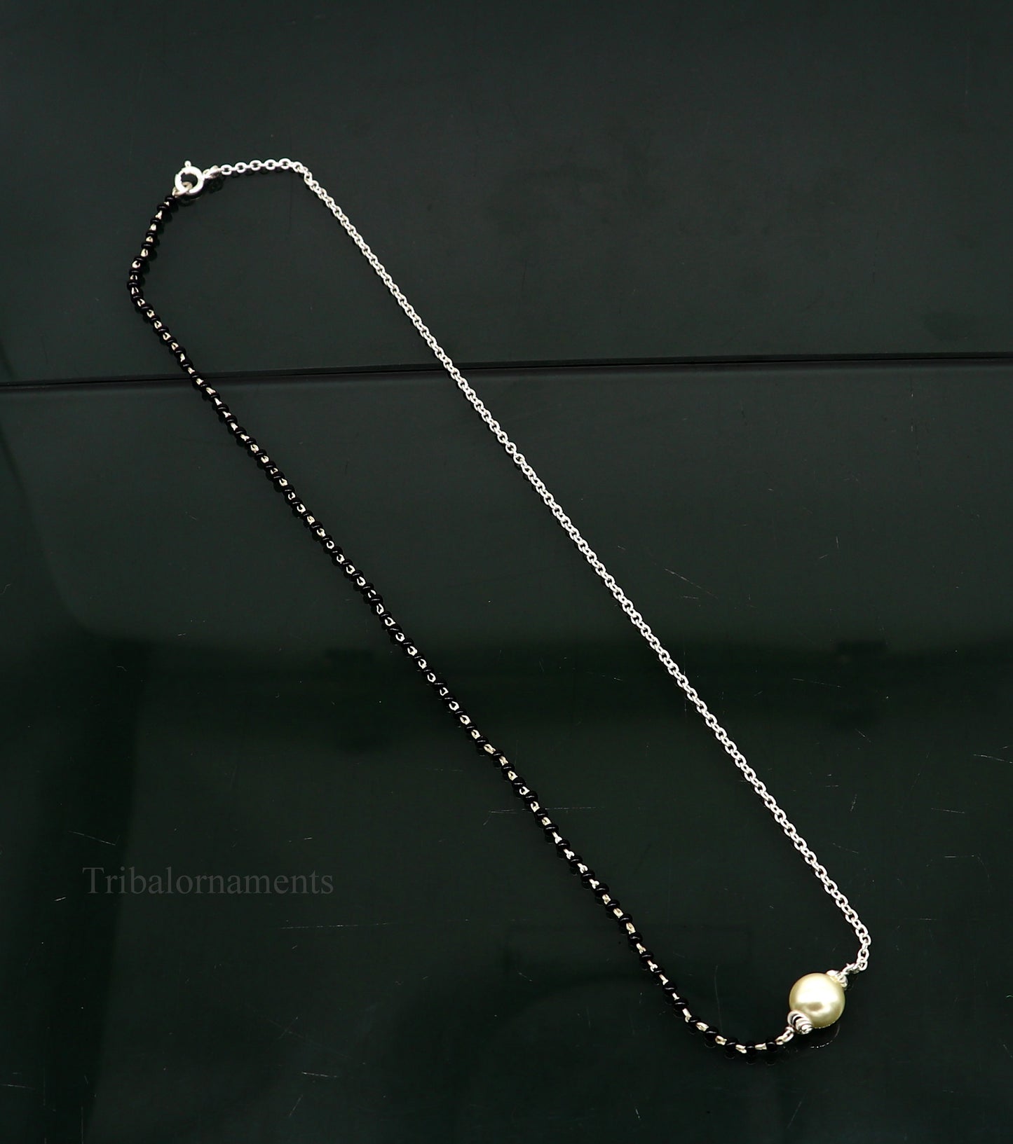925 sterling silver black beads chain necklace, gorgeous small pearl pendant, traditional style chain beaded mangalsutra necklace set229 - TRIBAL ORNAMENTS