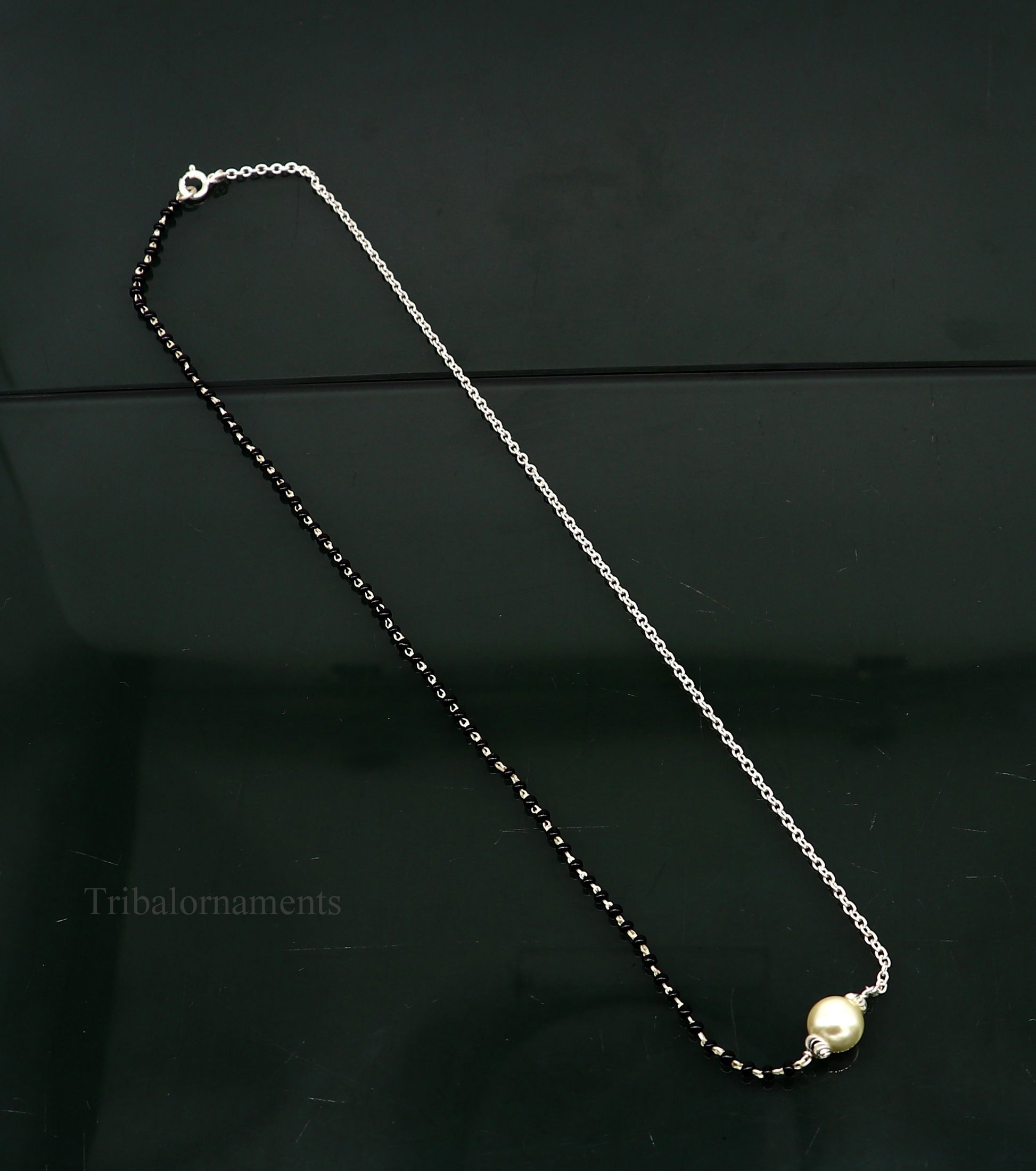925 sterling silver black beads chain necklace, gorgeous small pearl pendant, traditional style chain beaded mangalsutra necklace set229 - TRIBAL ORNAMENTS