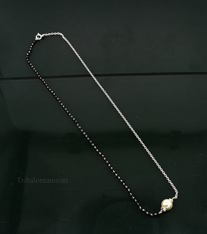 925 sterling silver black beads chain necklace, gorgeous small pearl pendant, traditional style chain beaded mangalsutra necklace set229 - TRIBAL ORNAMENTS