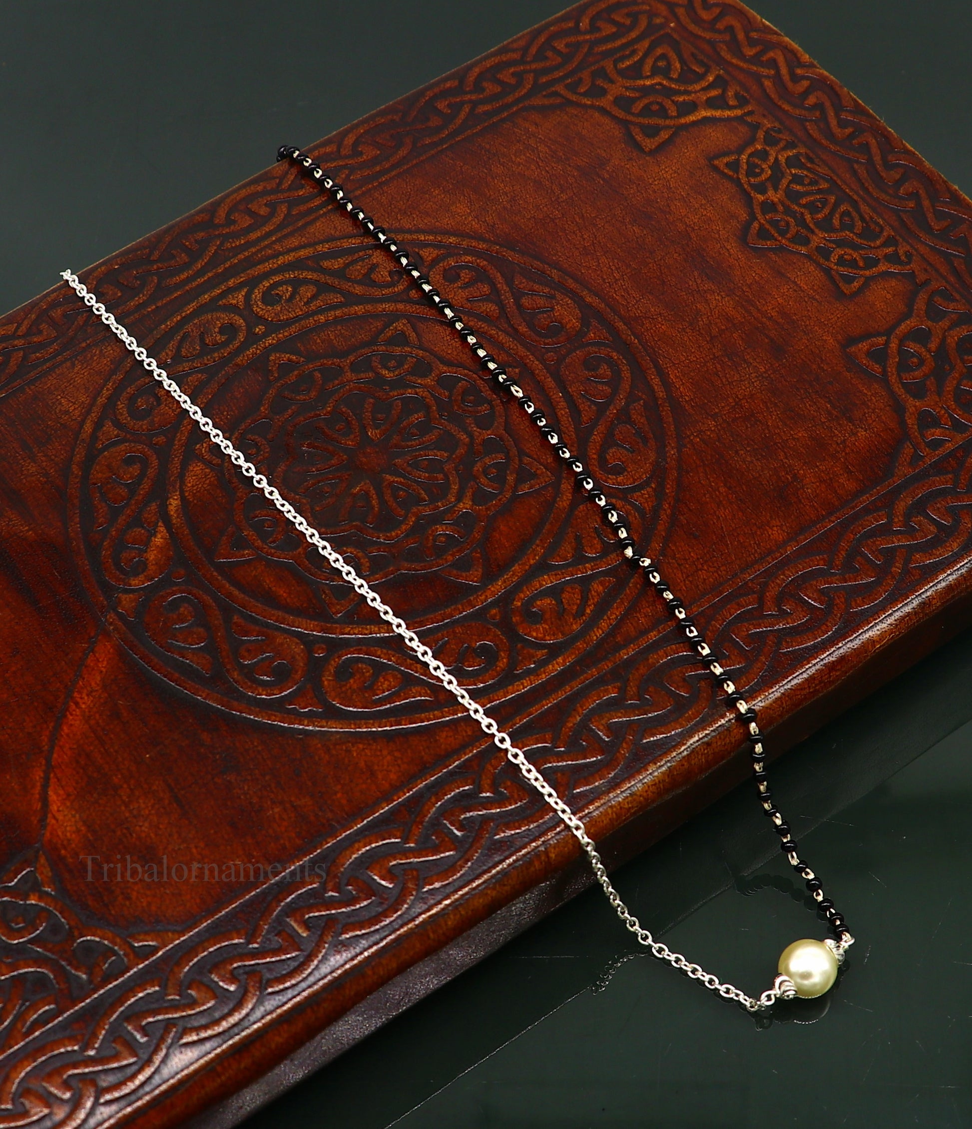 925 sterling silver black beads chain necklace, gorgeous small pearl pendant, traditional style chain beaded mangalsutra necklace set229 - TRIBAL ORNAMENTS