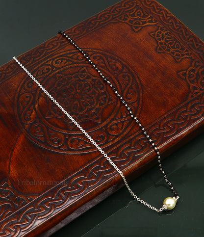 925 sterling silver black beads chain necklace, gorgeous small pearl pendant, traditional style chain beaded mangalsutra necklace set229 - TRIBAL ORNAMENTS