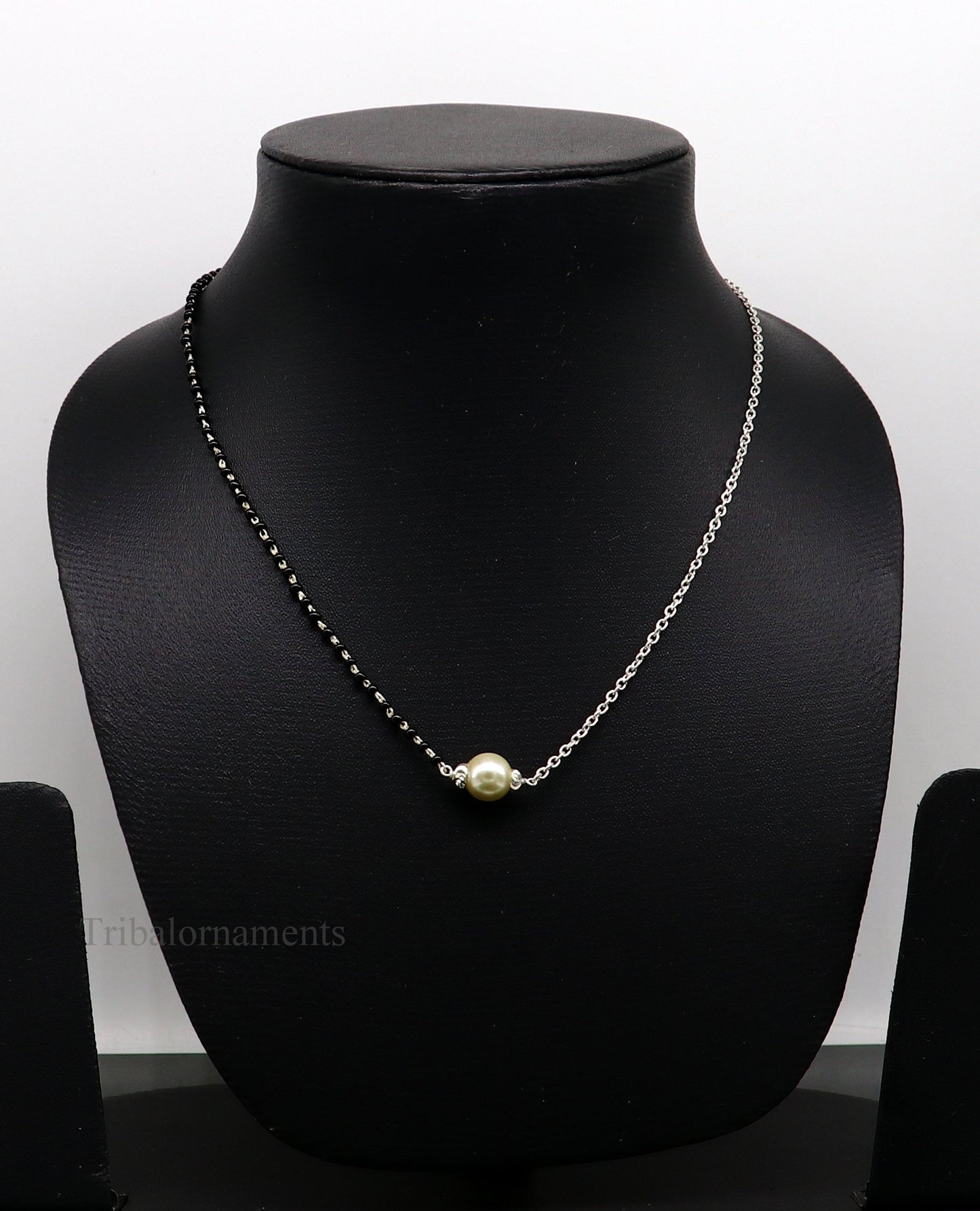925 sterling silver black beads chain necklace, gorgeous small pearl pendant, traditional style chain beaded mangalsutra necklace set229 - TRIBAL ORNAMENTS