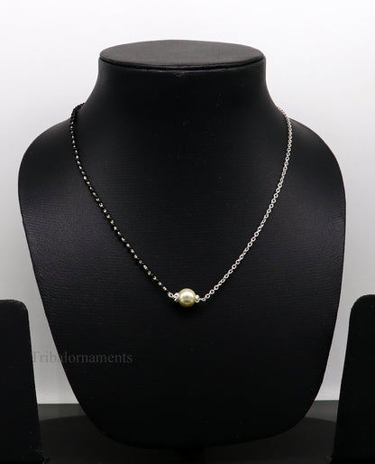 925 sterling silver black beads chain necklace, gorgeous small pearl pendant, traditional style chain beaded mangalsutra necklace set229 - TRIBAL ORNAMENTS