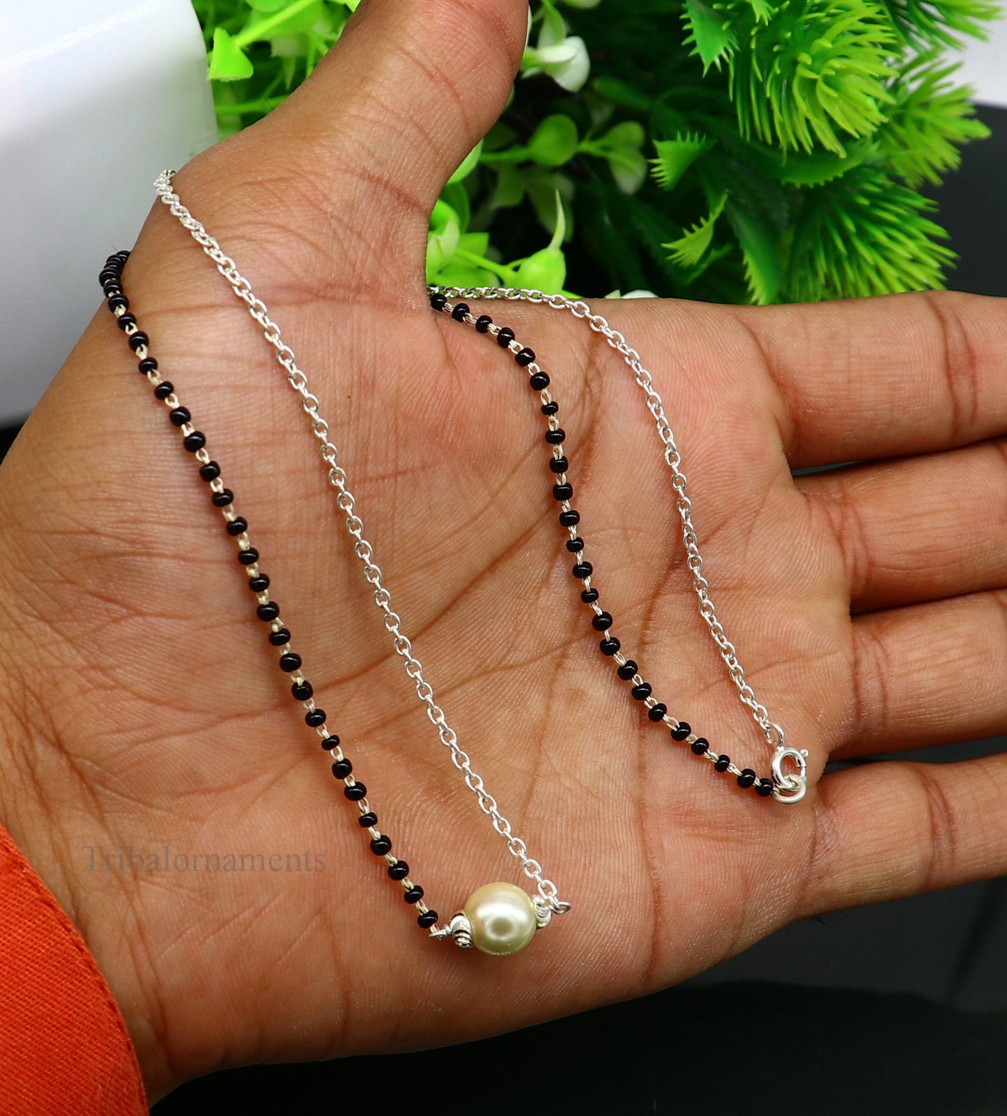 925 sterling silver black beads chain necklace, gorgeous small pearl pendant, traditional style chain beaded mangalsutra necklace set229 - TRIBAL ORNAMENTS