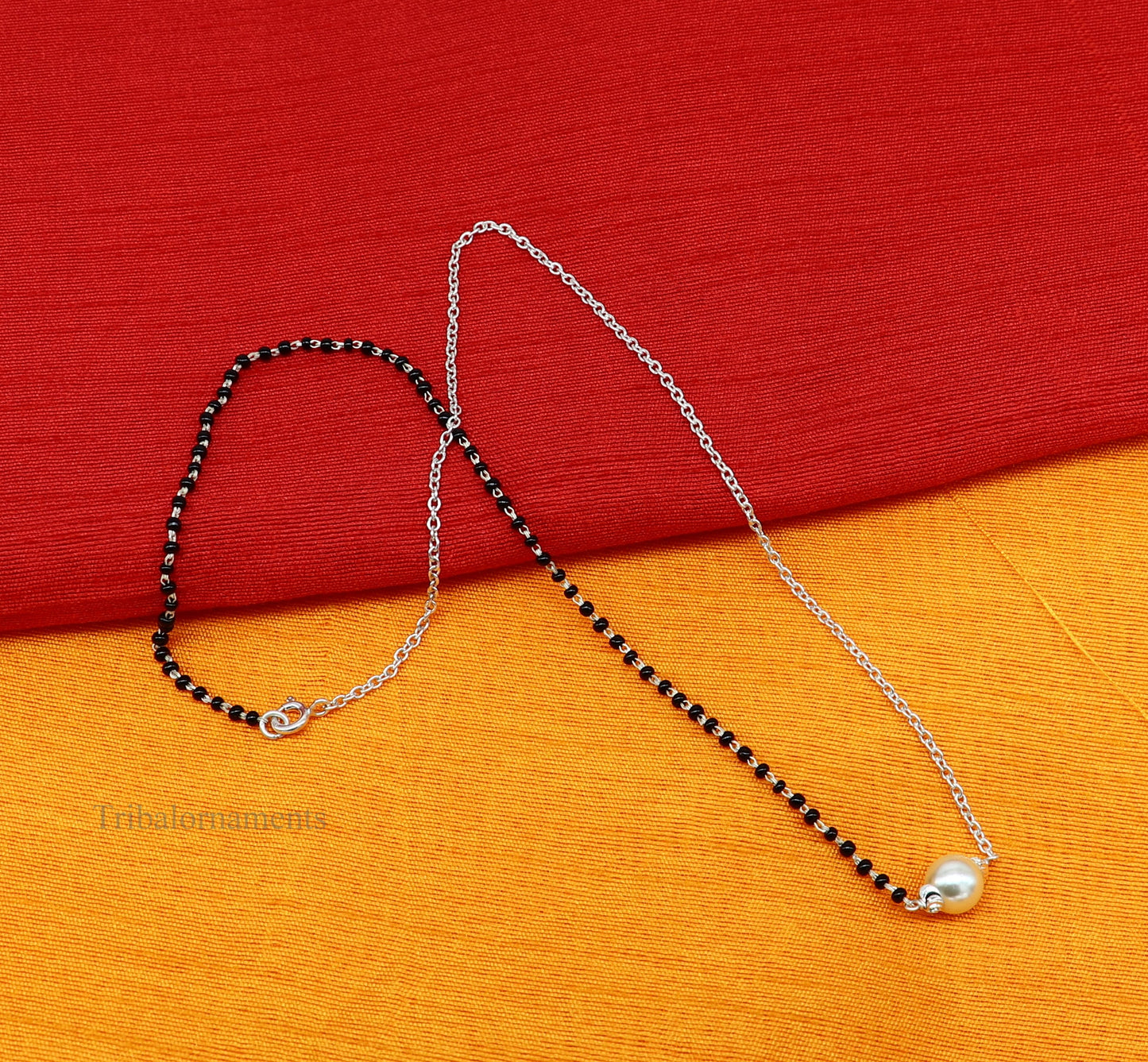 925 sterling silver black beads chain necklace, gorgeous small pearl pendant, traditional style chain beaded mangalsutra necklace set229 - TRIBAL ORNAMENTS