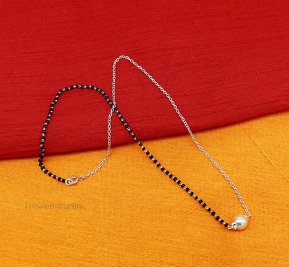 925 sterling silver black beads chain necklace, gorgeous small pearl pendant, traditional style chain beaded mangalsutra necklace set229 - TRIBAL ORNAMENTS