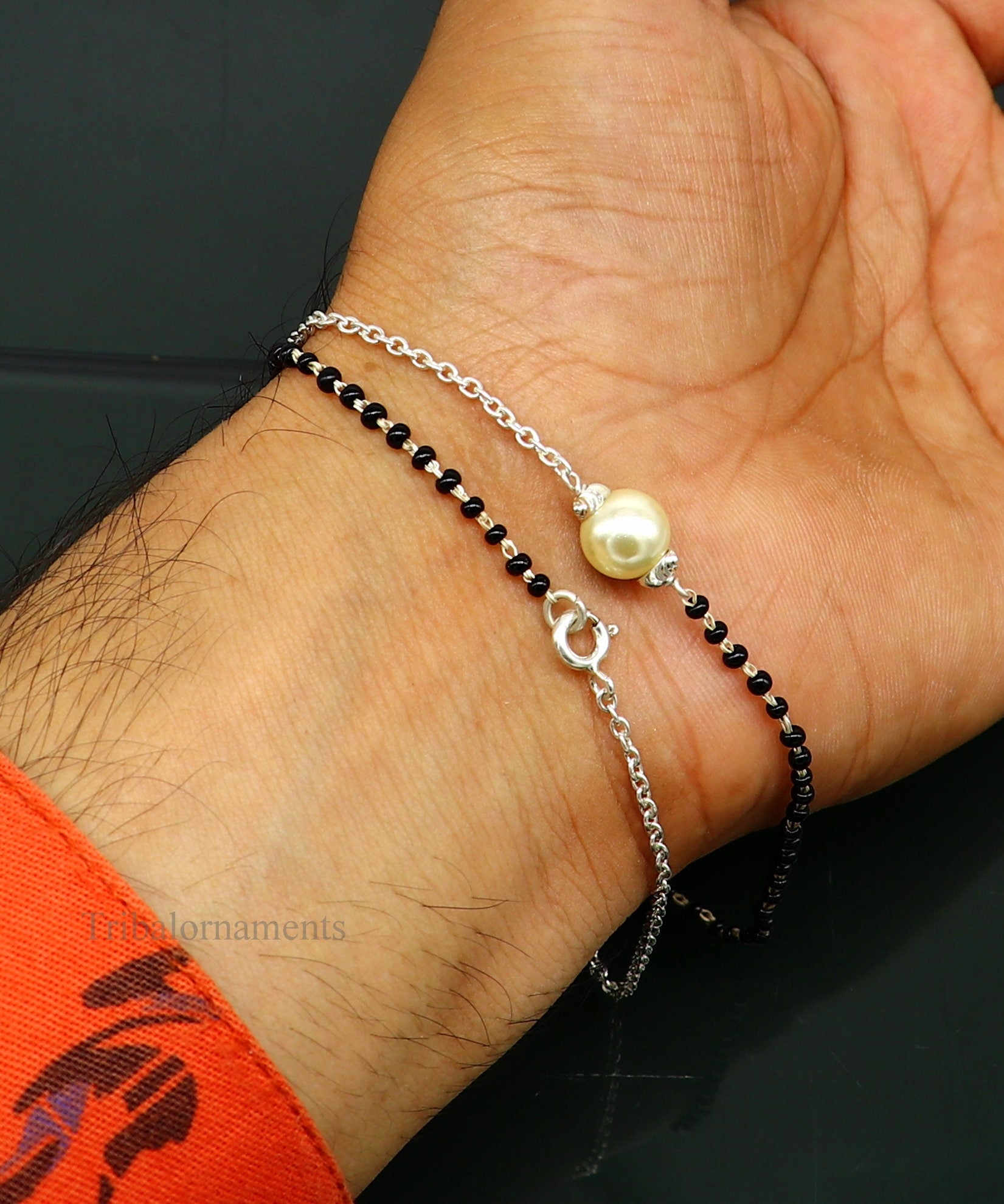 925 sterling silver black beads chain necklace, gorgeous small pearl pendant, traditional style chain beaded mangalsutra necklace set229 - TRIBAL ORNAMENTS