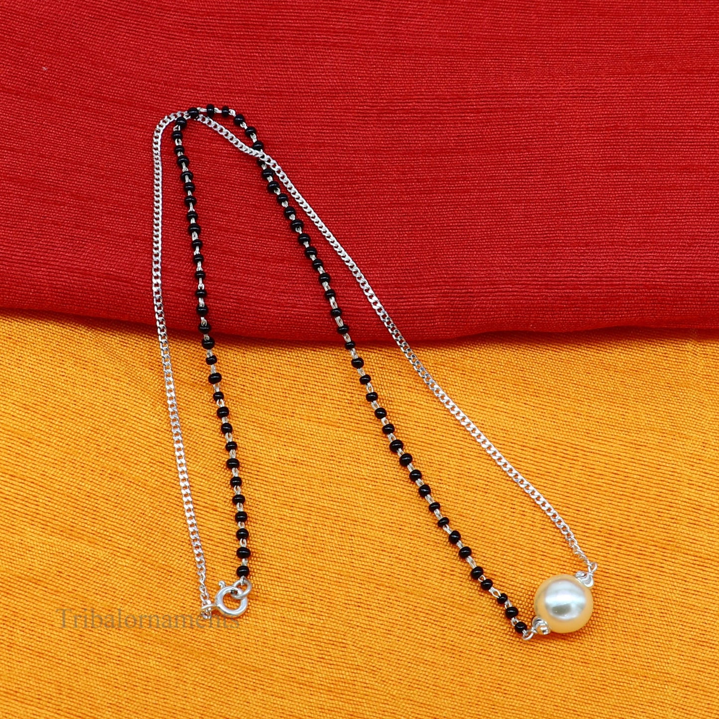 925 sterling silver black beads chain necklace, gorgeous small pearl pendant, traditional style chain beaded mangalsutra necklace set230 - TRIBAL ORNAMENTS