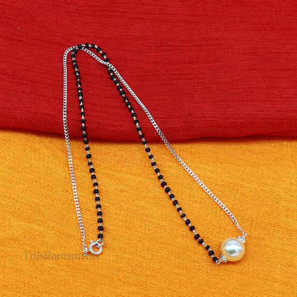 925 sterling silver black beads chain necklace, gorgeous small pearl pendant, traditional style chain beaded mangalsutra necklace set230 - TRIBAL ORNAMENTS