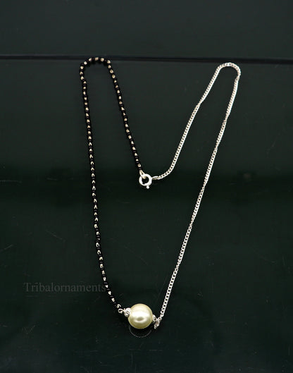 925 sterling silver black beads chain necklace, gorgeous small pearl pendant, traditional style chain beaded mangalsutra necklace set230 - TRIBAL ORNAMENTS