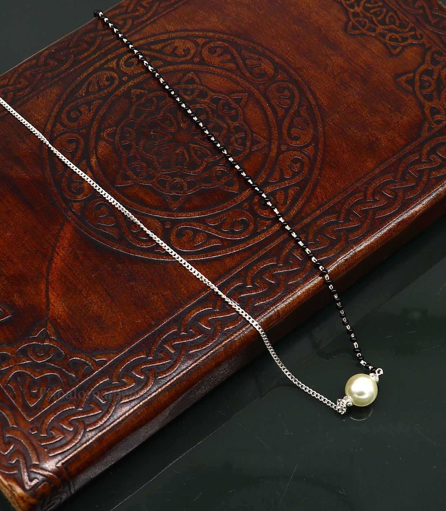 925 sterling silver black beads chain necklace, gorgeous small pearl pendant, traditional style chain beaded mangalsutra necklace set230 - TRIBAL ORNAMENTS