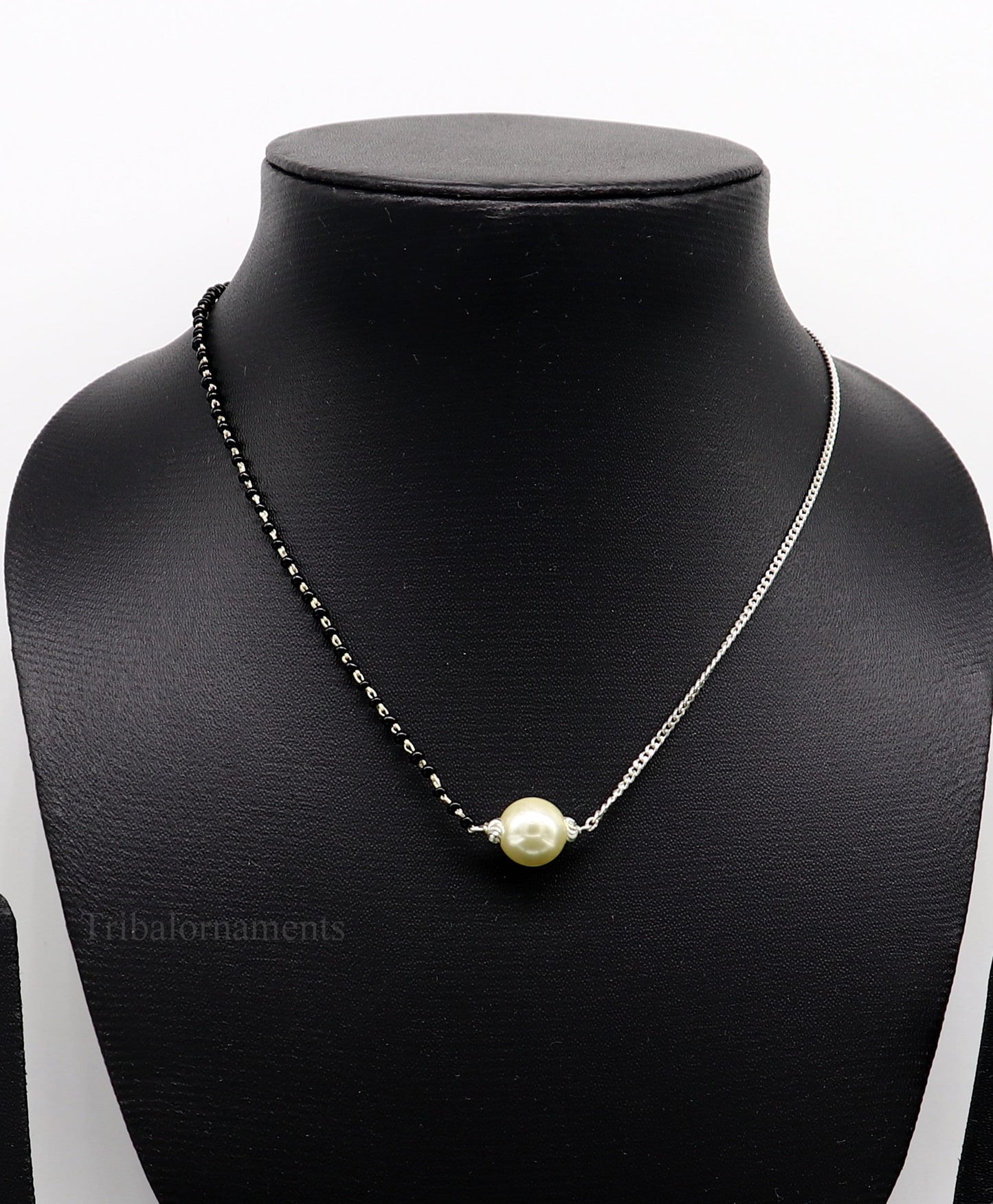 925 sterling silver black beads chain necklace, gorgeous small pearl pendant, traditional style chain beaded mangalsutra necklace set230 - TRIBAL ORNAMENTS