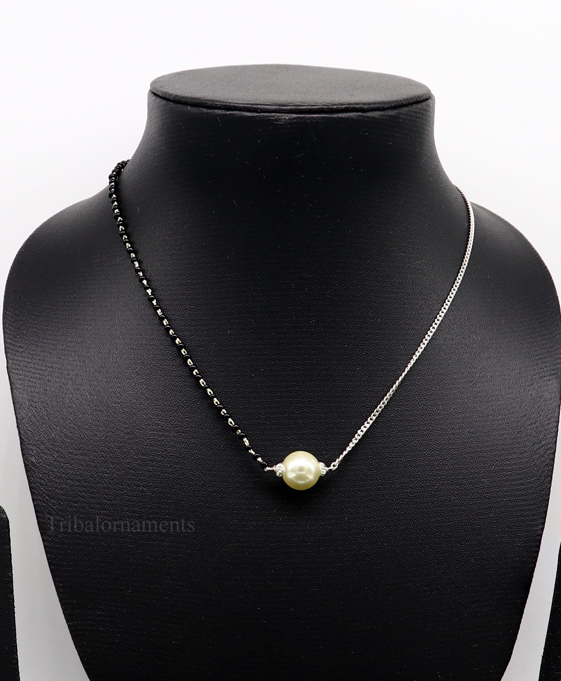 925 sterling silver black beads chain necklace, gorgeous small pearl pendant, traditional style chain beaded mangalsutra necklace set230 - TRIBAL ORNAMENTS