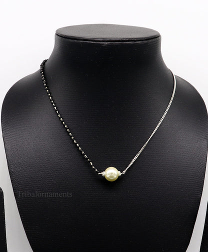 925 sterling silver black beads chain necklace, gorgeous small pearl pendant, traditional style chain beaded mangalsutra necklace set230 - TRIBAL ORNAMENTS
