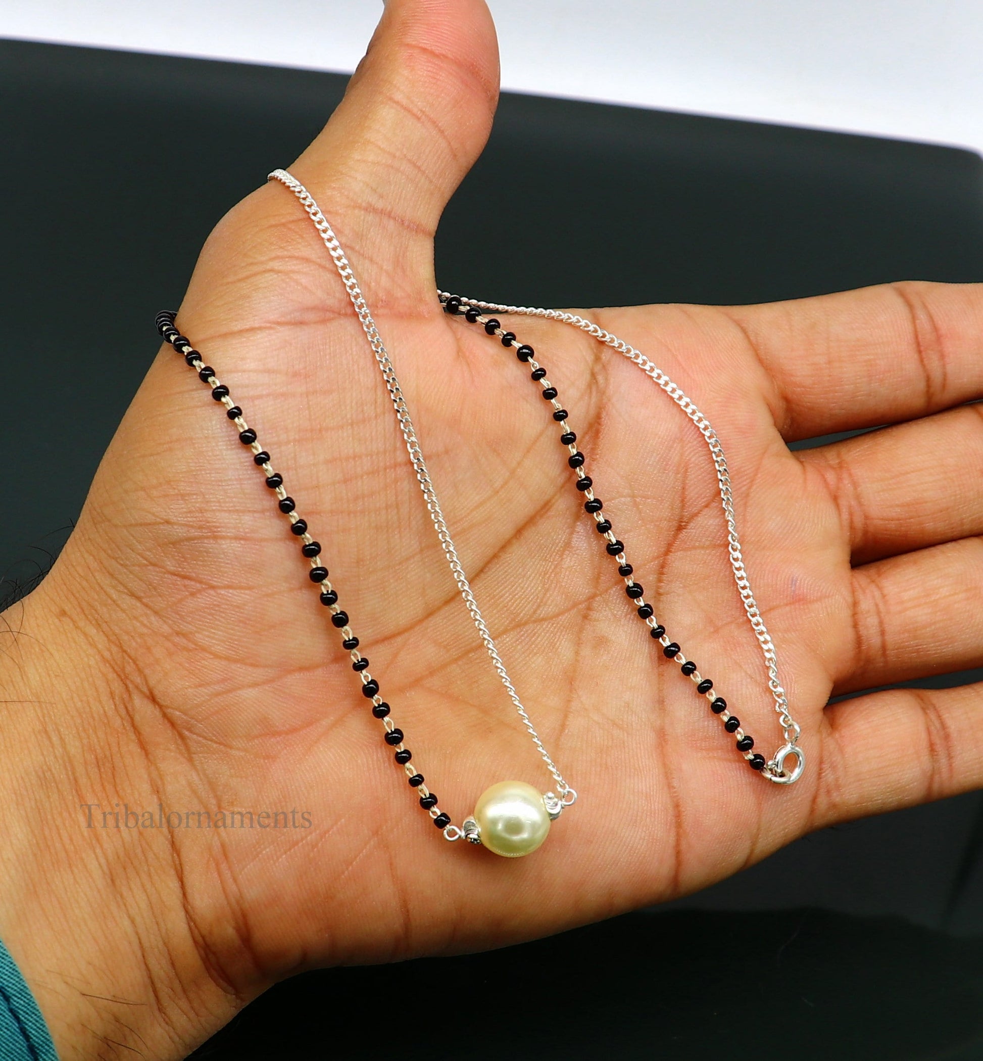 925 sterling silver black beads chain necklace, gorgeous small pearl pendant, traditional style chain beaded mangalsutra necklace set230 - TRIBAL ORNAMENTS