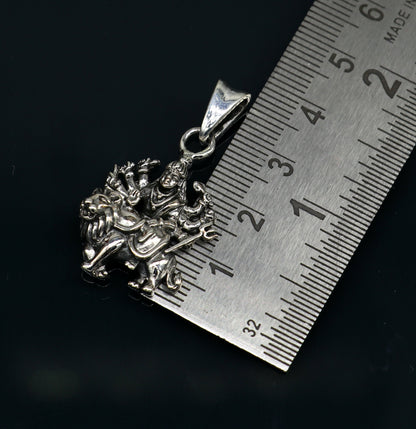 Sterling silver Goddess Bhawani Durga Maa pendant, unisex tribal jewelry with detailed divine goddess design.
