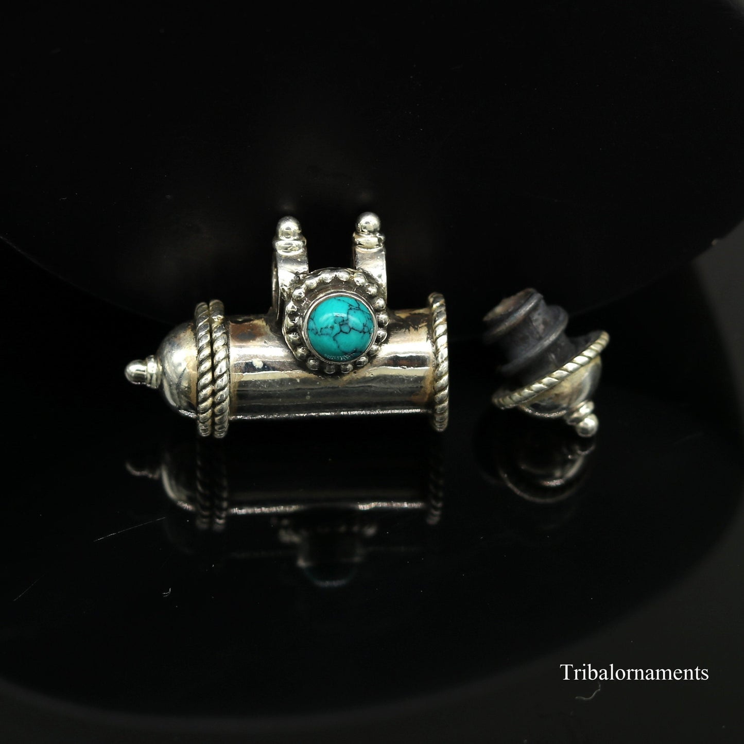 925 sterling silver handmade gorgeous blue turquoise stone handmade box amulet pendant, container pendant unisex jewelry india nsp389 - TRIBAL ORNAMENTS