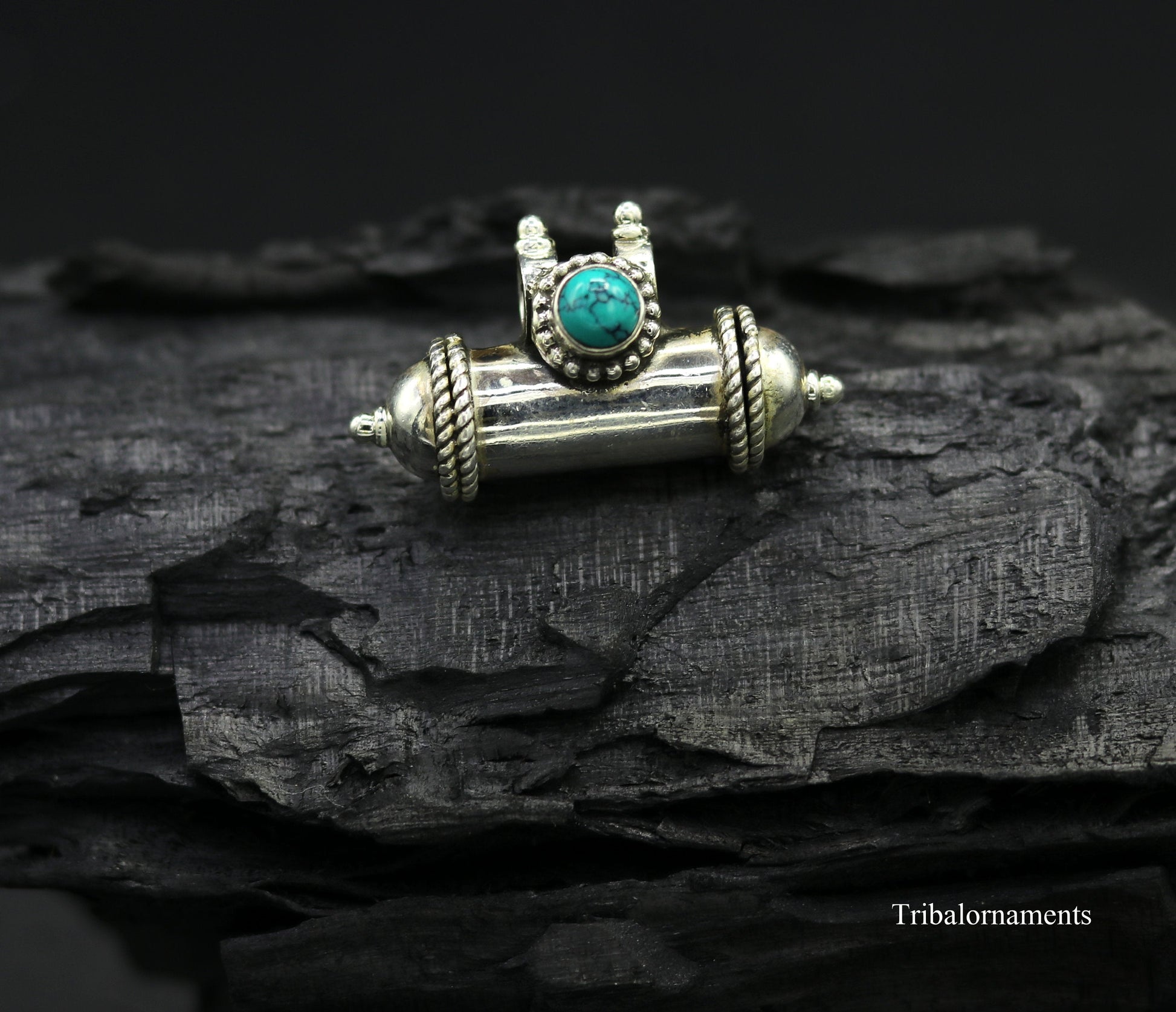 925 sterling silver handmade gorgeous blue turquoise stone handmade box amulet pendant, container pendant unisex jewelry india nsp389 - TRIBAL ORNAMENTS