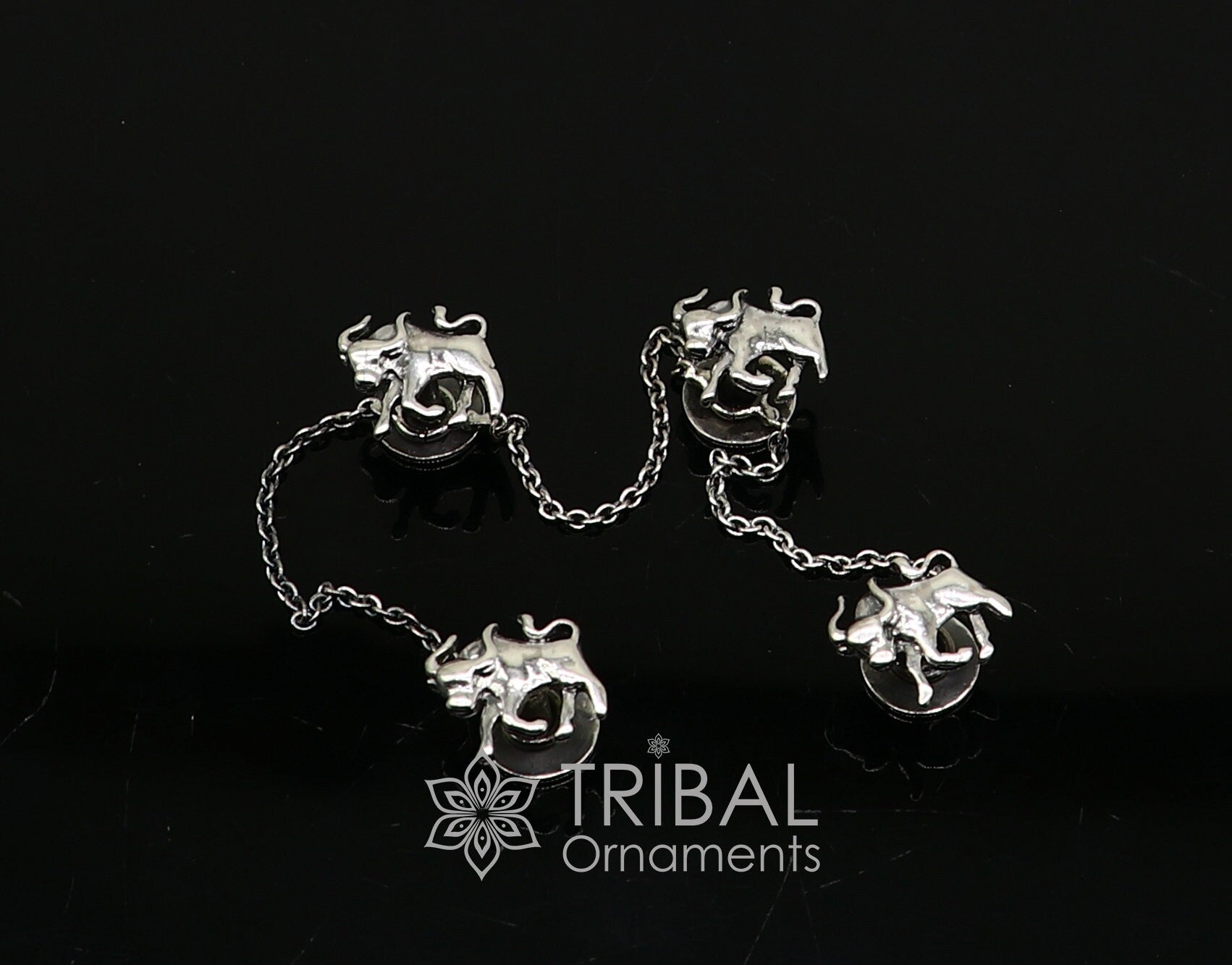 925 Sterling Silver bull design set of 4 kurta Buttons for Fashion Perfection, silver cufflinks, cultural trendy jewelry btn35 - TRIBAL ORNAMENTS