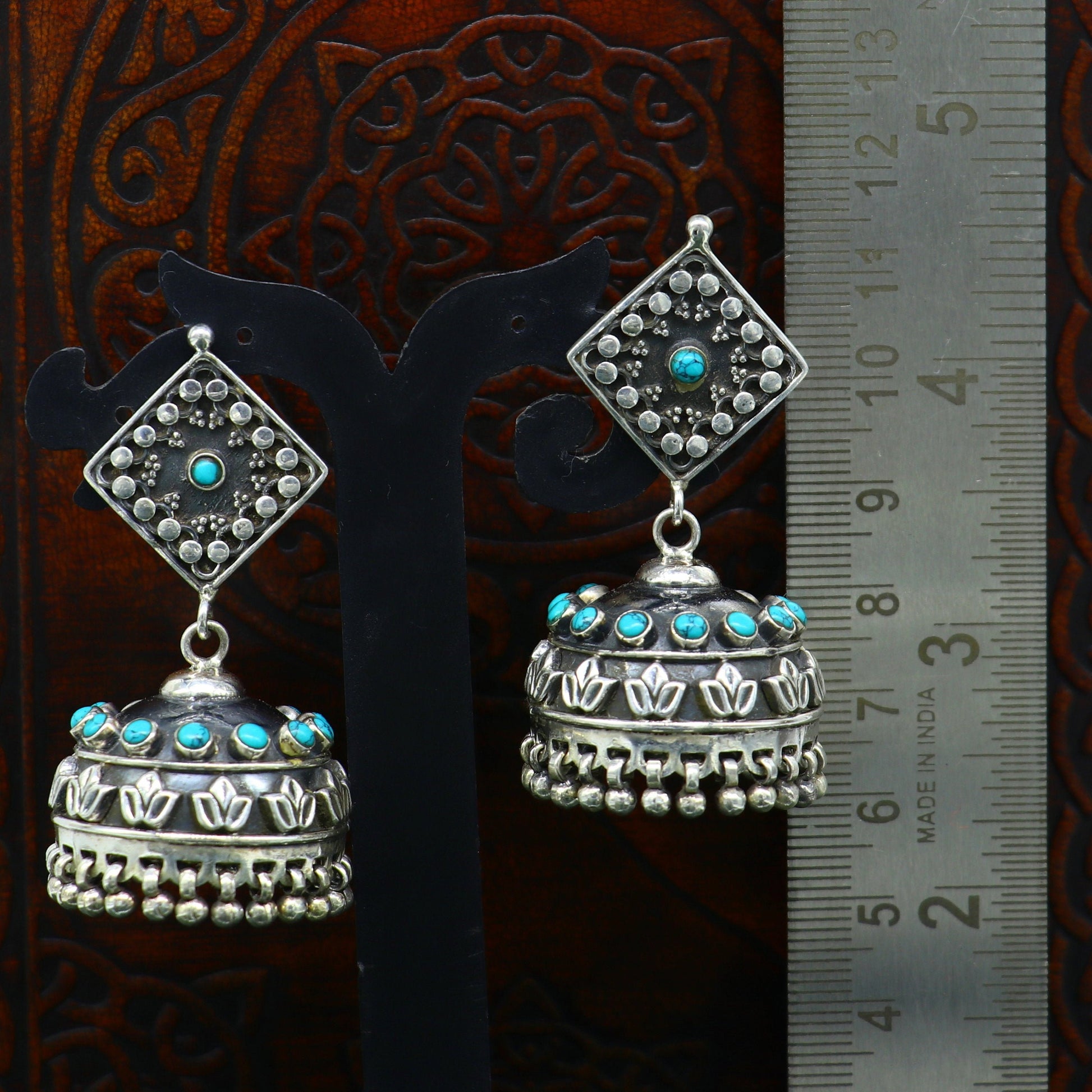 925 sterling silver chandelier stylish handmade earring jhumka, Gorgeous turquoise stone earring drop dangle, tribal ethnic earring ear740 - TRIBAL ORNAMENTS