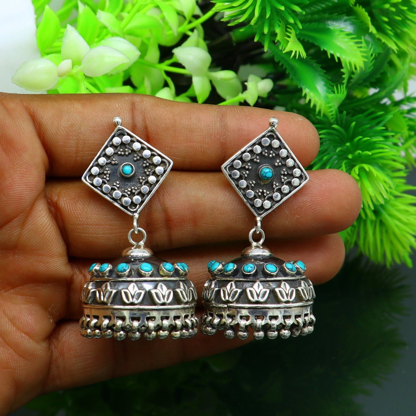 925 sterling silver chandelier stylish handmade earring jhumka, Gorgeous turquoise stone earring drop dangle, tribal ethnic earring ear740 - TRIBAL ORNAMENTS