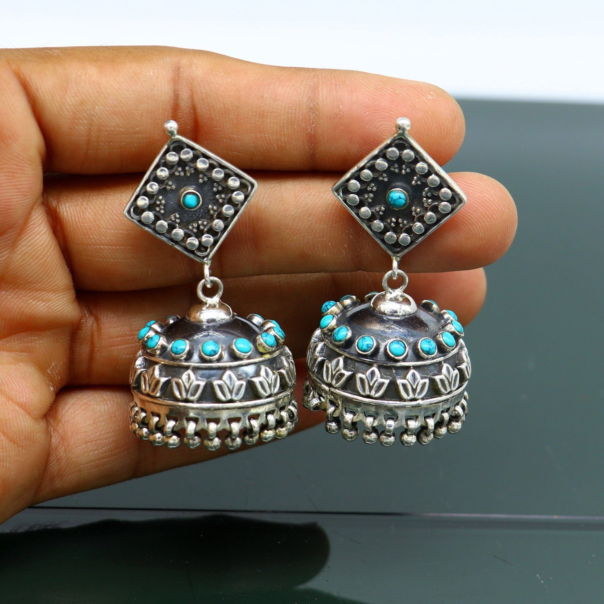 925 sterling silver chandelier stylish handmade earring jhumka, Gorgeous turquoise stone earring drop dangle, tribal ethnic earring ear740 - TRIBAL ORNAMENTS
