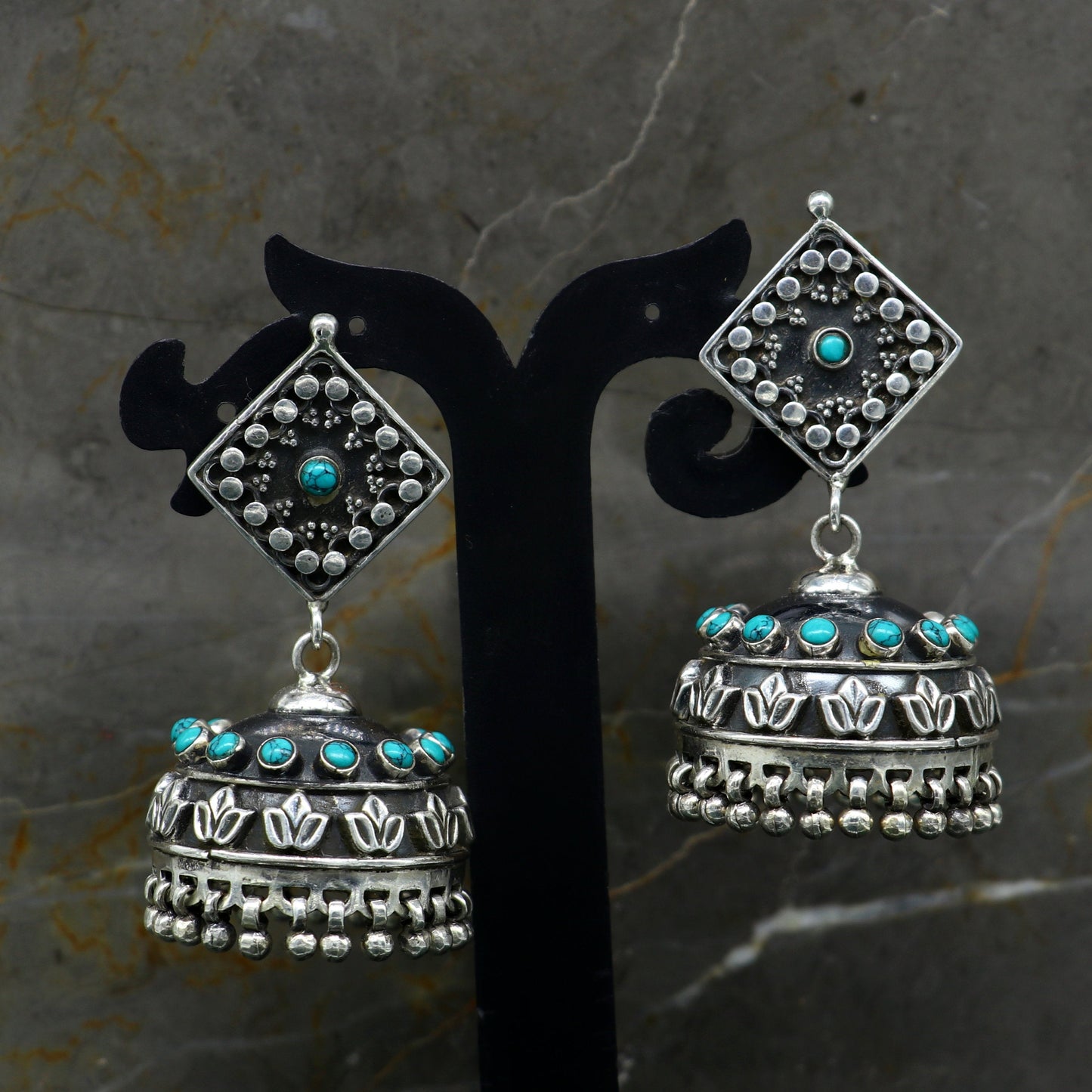 925 sterling silver chandelier stylish handmade earring jhumka, Gorgeous turquoise stone earring drop dangle, tribal ethnic earring ear740 - TRIBAL ORNAMENTS