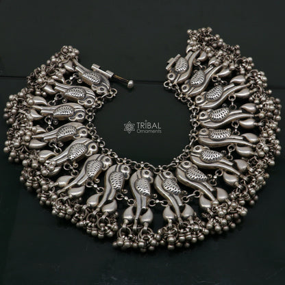 Sterling silver tribal belly dance anklets with vintage peacock design, handcrafted Indian tribal ethnic jewelry by TRIBAL ORNAMENTS