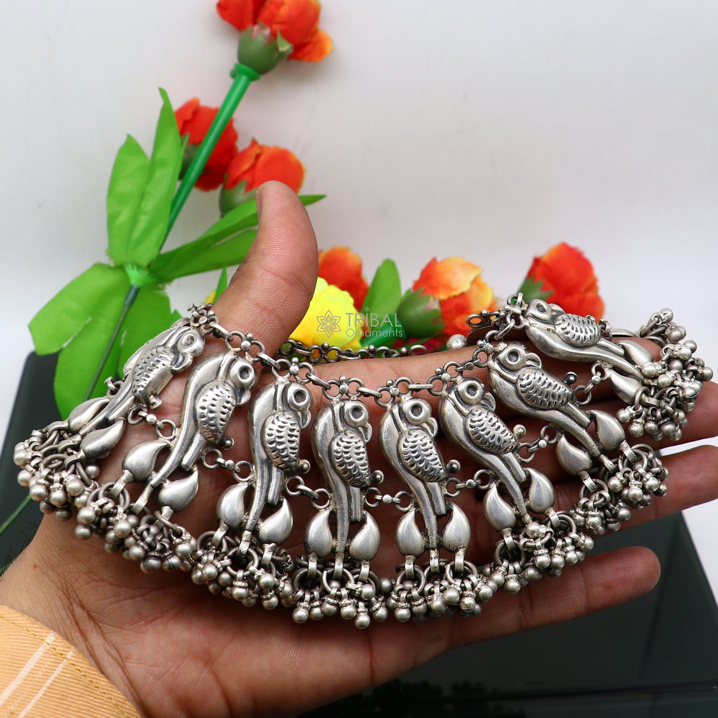 925 Sterling silver cultural stylish Vintage handmade peacock design belly dance anklets bracelet indian tribal ethnic jewelry ank540 - TRIBAL ORNAMENTS