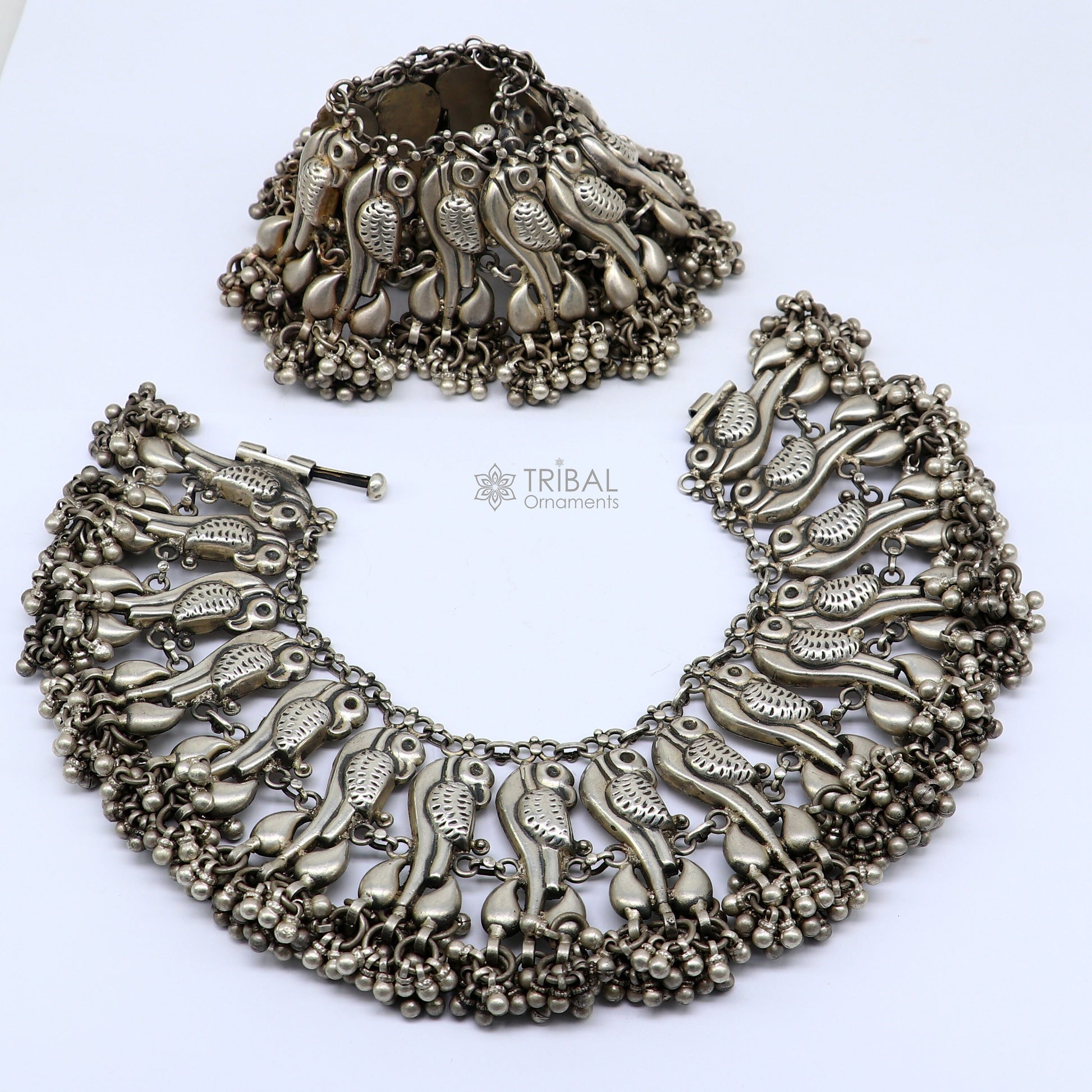 925 Sterling silver cultural stylish Vintage handmade peacock design belly dance anklets bracelet indian tribal ethnic jewelry ank540 - TRIBAL ORNAMENTS