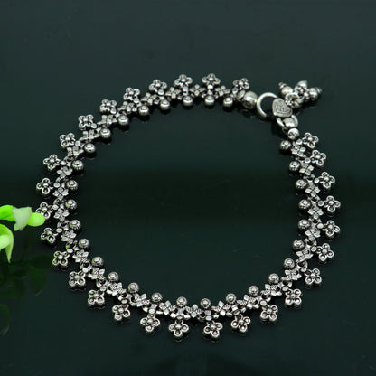 Sterling silver tribal anklet with intricate designs, perfect as a foot or belly dance jewelry accessory.