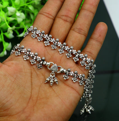 Sterling silver custom anklet with tribal and ethnic design, perfect as foot jewelry and belly dance accessory by TRIBAL ORNAMENTS.