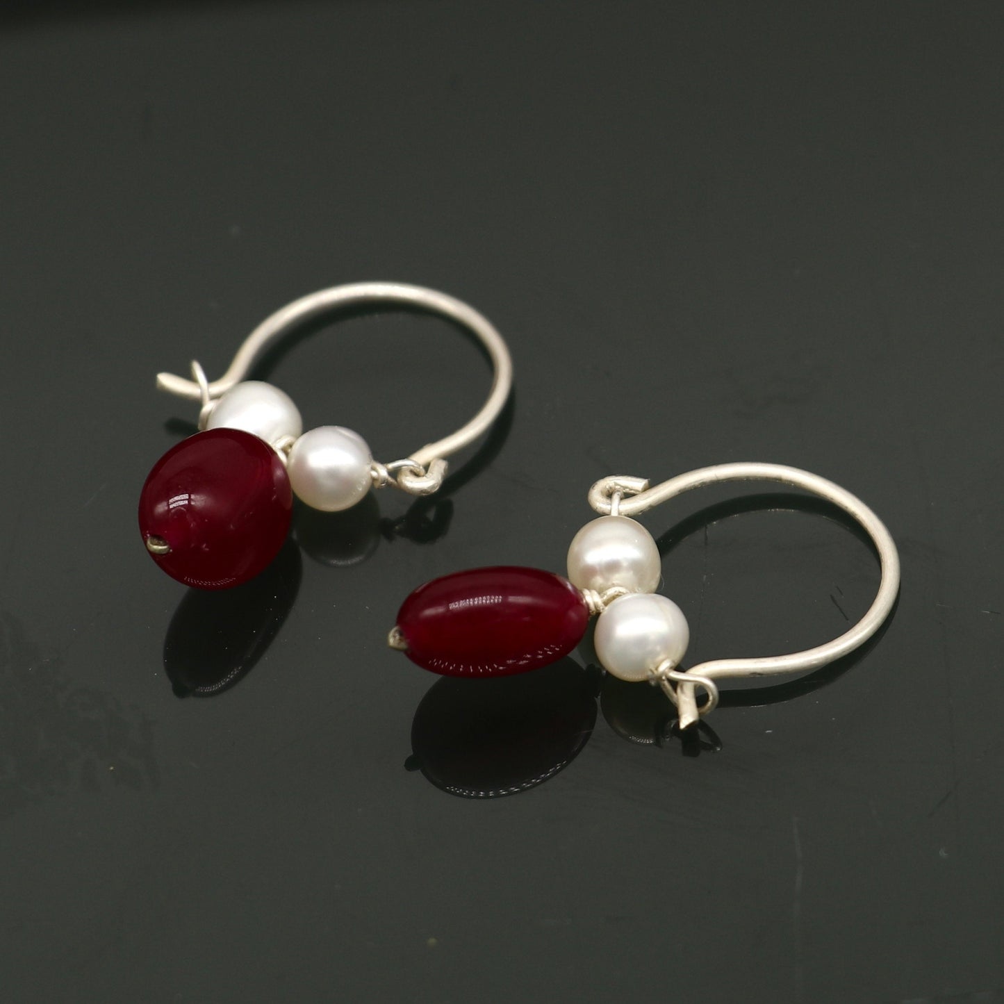 925 sterling silver custom made hoops earring, gorgeous hanging pearls drops hoops earring, stunning brides gifting jewelry s910 - TRIBAL ORNAMENTS