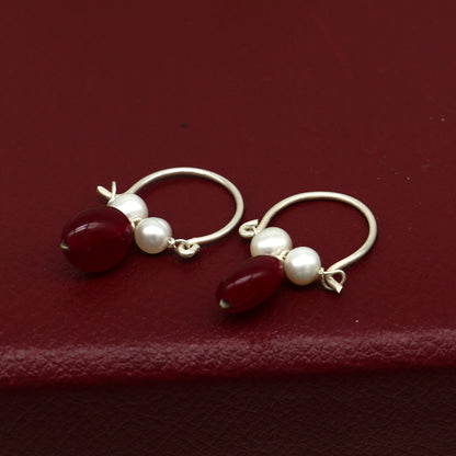 925 sterling silver custom made hoops earring, gorgeous hanging pearls drops hoops earring, stunning brides gifting jewelry s910 - TRIBAL ORNAMENTS