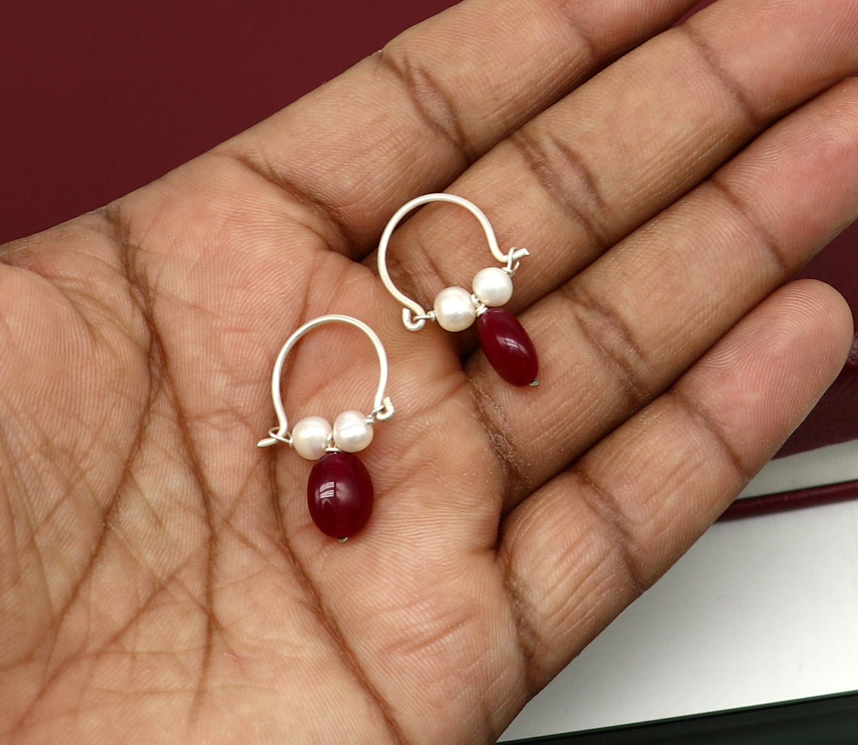 925 sterling silver custom made hoops earring, gorgeous hanging pearls drops hoops earring, stunning brides gifting jewelry s910 - TRIBAL ORNAMENTS