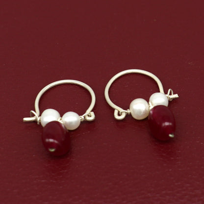 925 sterling silver custom made hoops earring, gorgeous hanging pearls drops hoops earring, stunning brides gifting jewelry s910 - TRIBAL ORNAMENTS