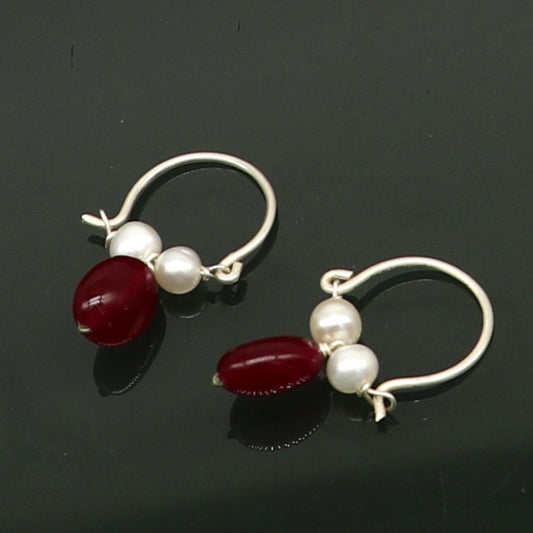 925 sterling silver custom made hoops earring, gorgeous hanging pearls drops hoops earring, stunning brides gifting jewelry s910 - TRIBAL ORNAMENTS