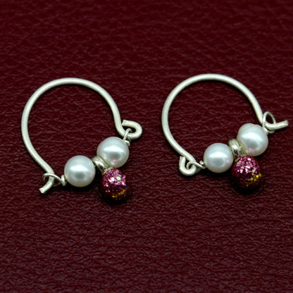 925 sterling silver custom made hoops earring, gorgeous hanging pearls, Vintage bali hoops earring for kids, girl's gifting jewelry s913 - TRIBAL ORNAMENTS