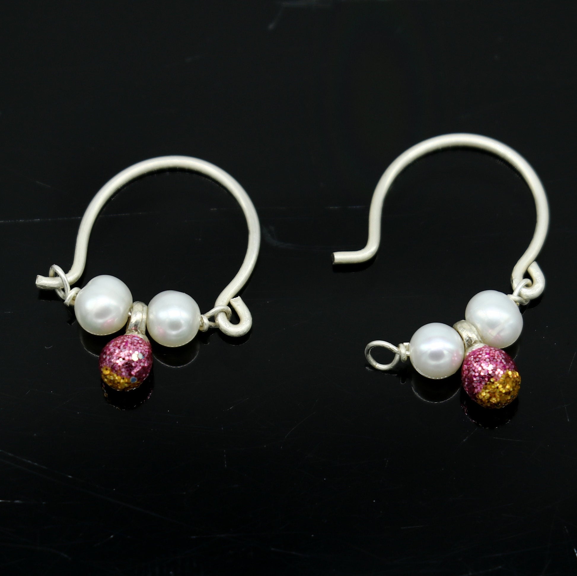 925 sterling silver custom made hoops earring, gorgeous hanging pearls, Vintage bali hoops earring for kids, girl's gifting jewelry s913 - TRIBAL ORNAMENTS