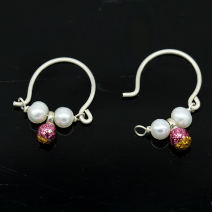 925 sterling silver custom made hoops earring, gorgeous hanging pearls, Vintage bali hoops earring for kids, girl's gifting jewelry s913 - TRIBAL ORNAMENTS