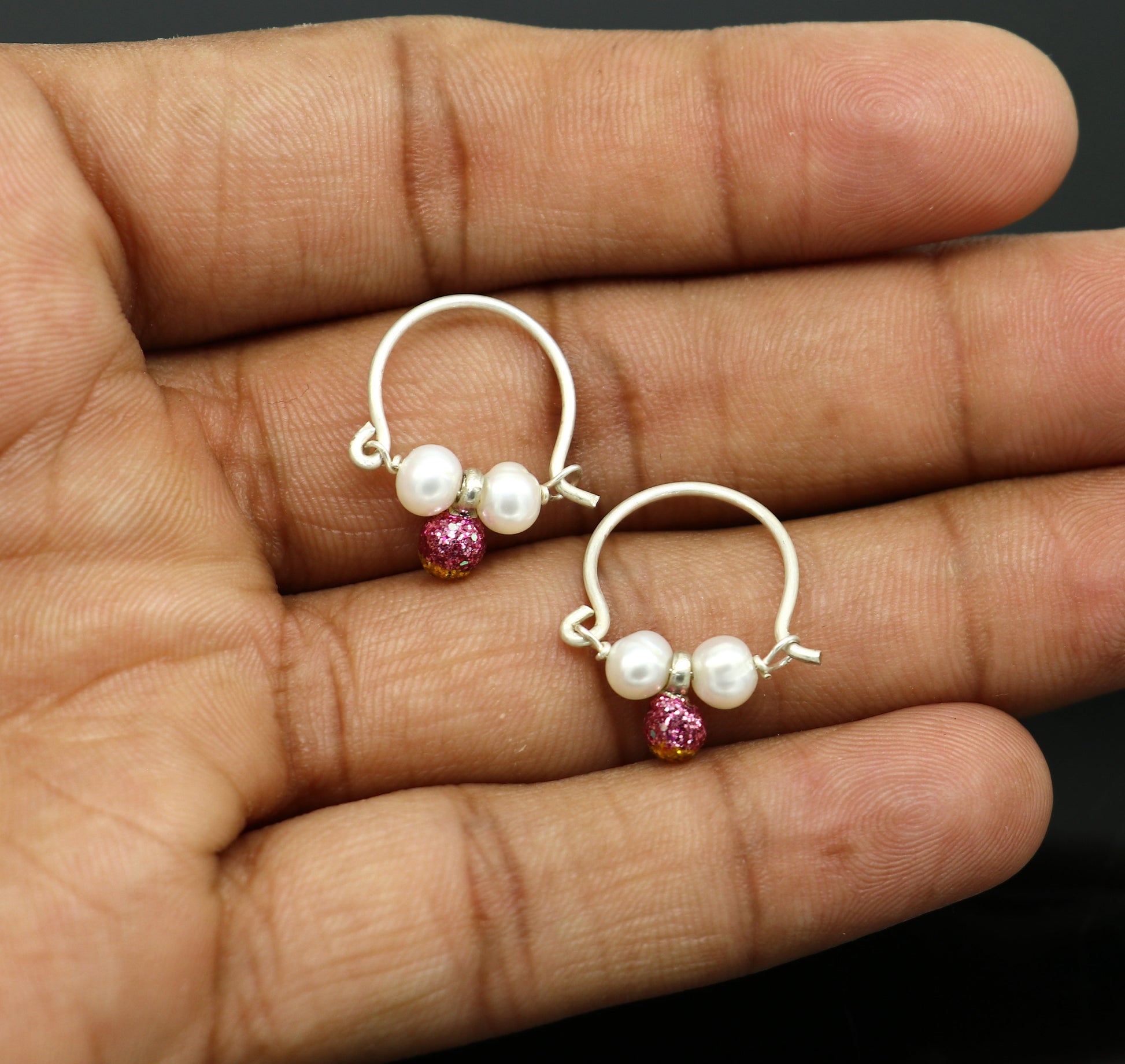 925 sterling silver custom made hoops earring, gorgeous hanging pearls, Vintage bali hoops earring for kids, girl's gifting jewelry s913 - TRIBAL ORNAMENTS