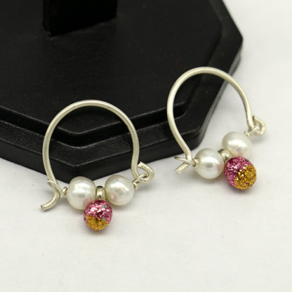 925 sterling silver custom made hoops earring, gorgeous hanging pearls, Vintage bali hoops earring for kids, girl's gifting jewelry s913 - TRIBAL ORNAMENTS