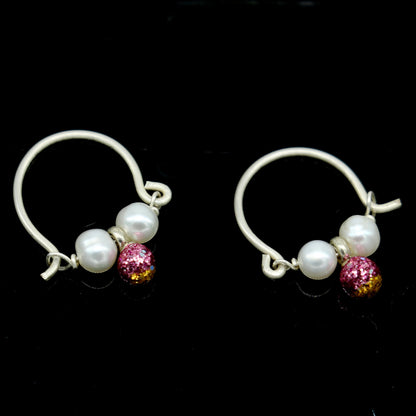 925 sterling silver custom made hoops earring, gorgeous hanging pearls, Vintage bali hoops earring for kids, girl's gifting jewelry s913 - TRIBAL ORNAMENTS