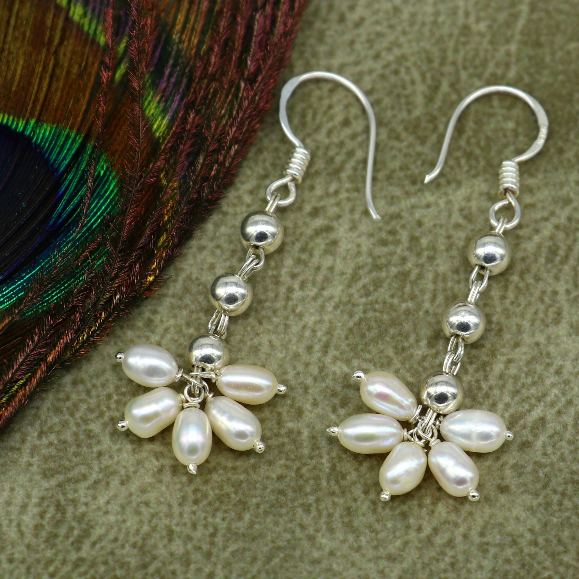 925 sterling silver custom-made hoops earring with a natural white pearl drop for bridesmaids, dangle jewelry by TRIBAL ORNAMENTS