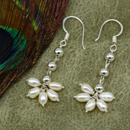 925 sterling silver custom-made hoops earring with a natural white pearl drop for bridesmaids, dangle jewelry by TRIBAL ORNAMENTS