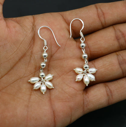 925 sterling silver custom-made hoop earrings with white pearl drops, perfect for bridesmaids or special occasions.