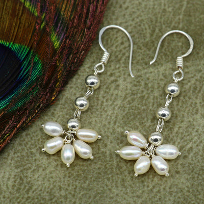 925 sterling silver custom-made hoops earring with a natural white pearl drop, perfect for bridesmaids and special occasions